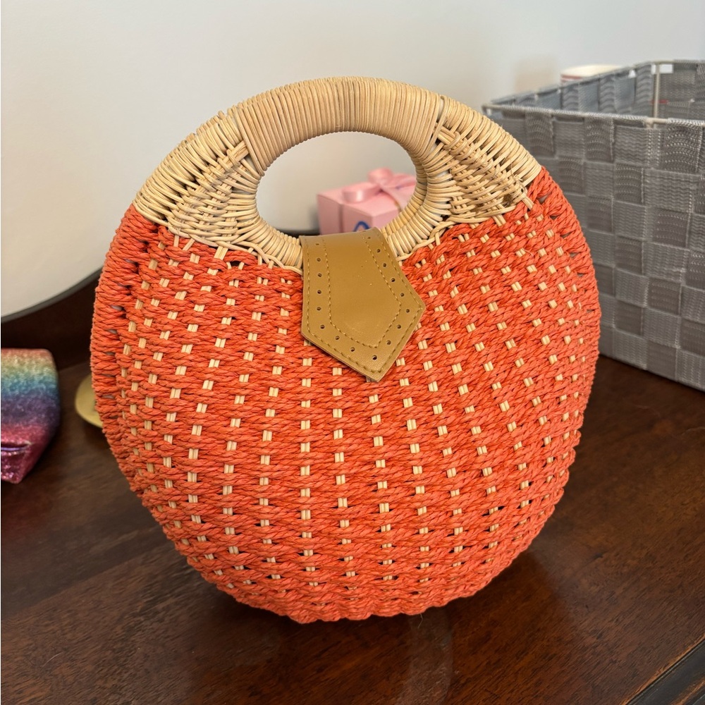 Round Woven Orange Handbag with Tan Handle